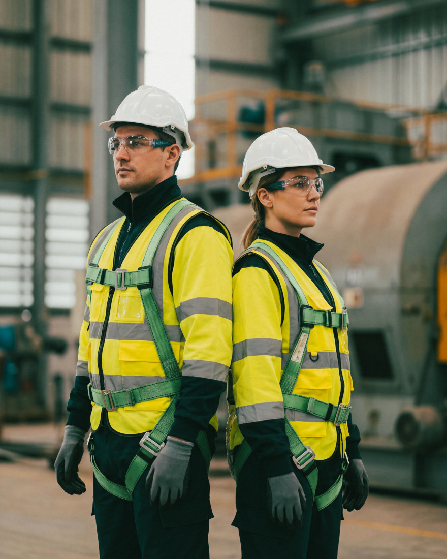 Two workers in hard hats, safety glasses, hi-vis vests and harnesses on an industrial floor